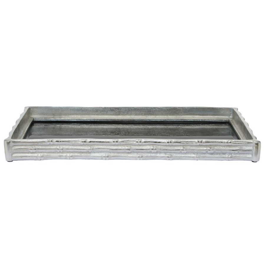 Accessories Fifty Five South Trays and Coasters | Hiba Silver Finish Bamboo Effect Mirrored Tray