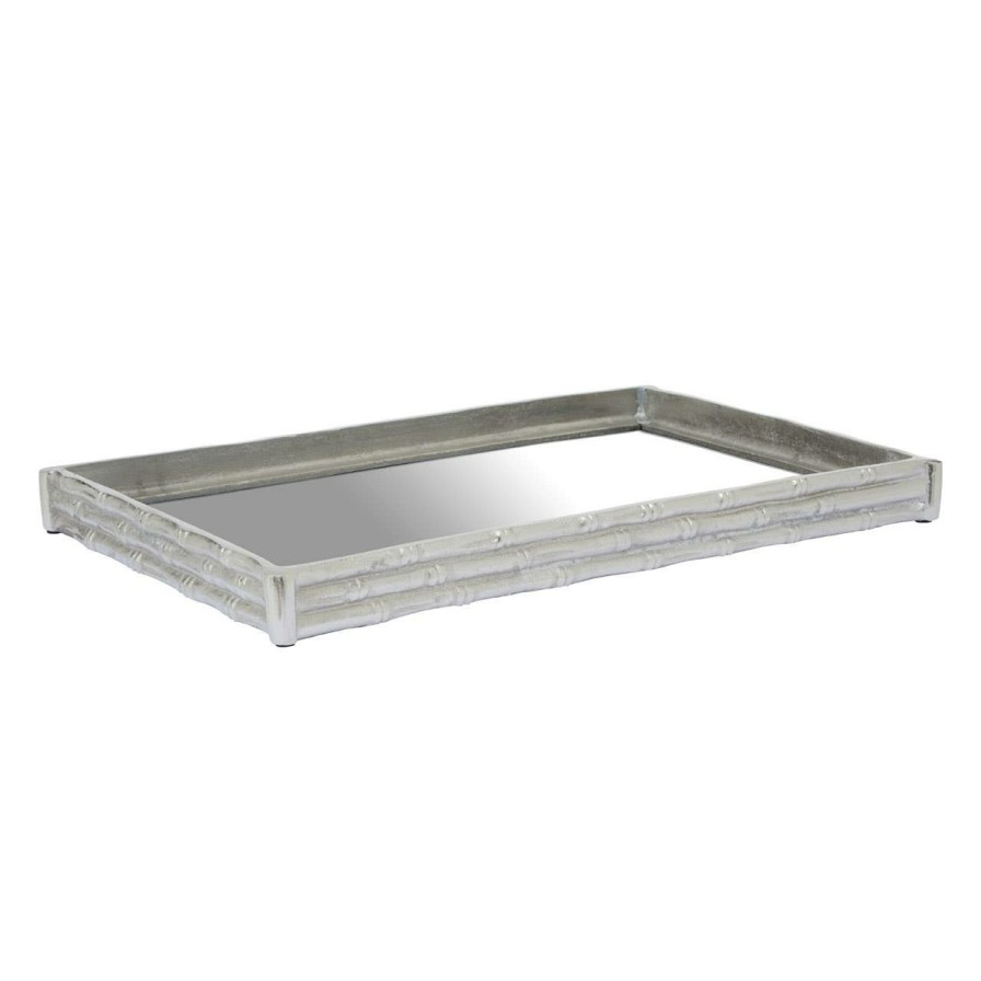 Accessories Fifty Five South Trays and Coasters | Hiba Silver Finish Bamboo Effect Mirrored Tray