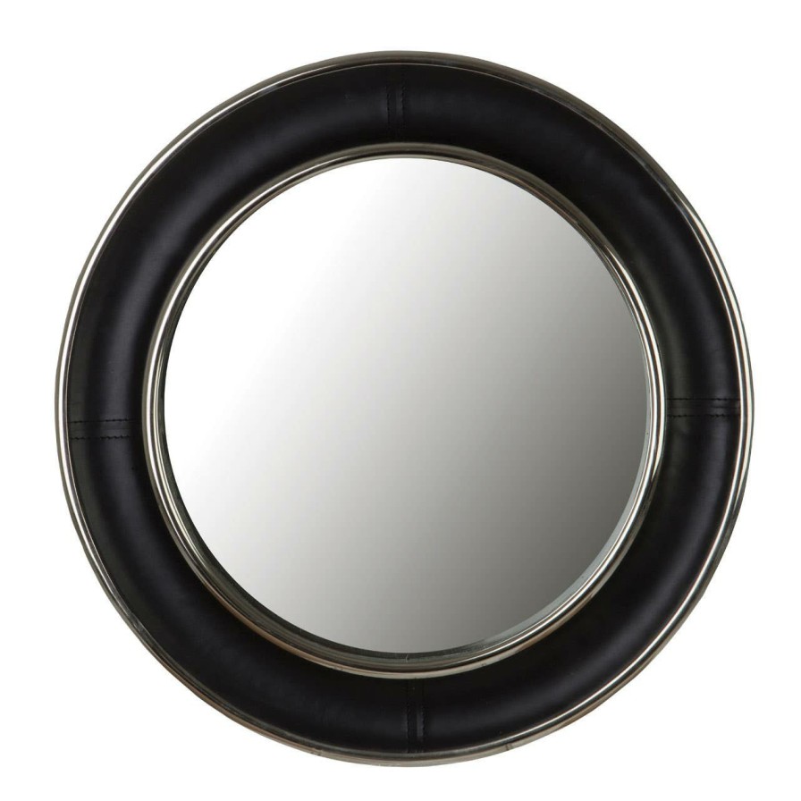 Bathe and Utility Fifty Five South Mirrors | Churchill Black Genuine Leather Wide Rimwall Mirror