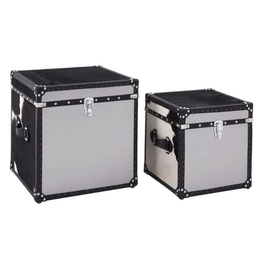 FURNITURE Fifty Five South Storage | Black And White Genuine Cowhide Storage Trunk Set