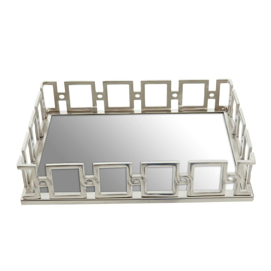 Accessories Fifty Five South Trays and Coasters | Rhoda Rectangle Nickle Finish Mirror Tray