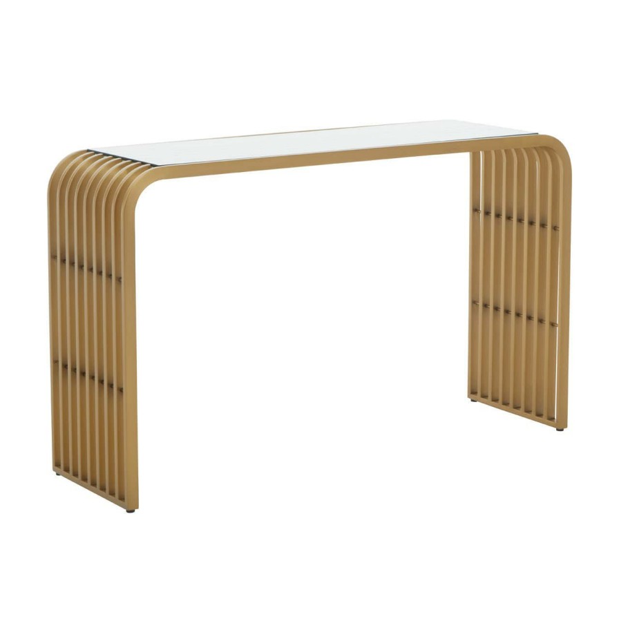 FURNITURE Fifty Five South Console Tables | Vogue Matte Gold Slatted Console Table