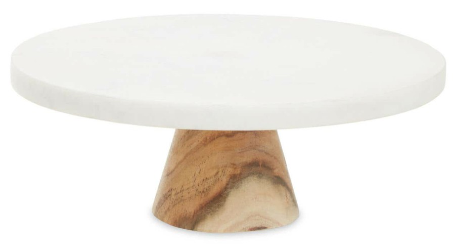 Kitchen and Dining Premier Serveware | Round White Marble And Acacia Wood Cake Stand