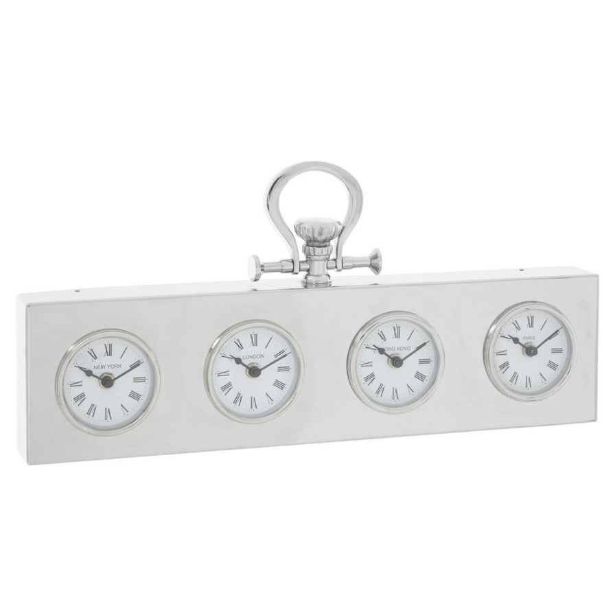 Accessories Fifty Five South Mantel Clocks | Hampstead Nickel Finish Time Zone Clock