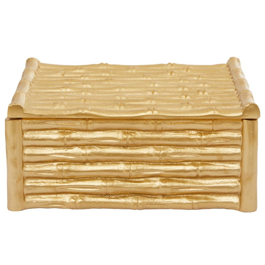 Accessories Fifty Five South Trinket Boxes and Dishes | Hiba Large Gold Finish Bamboo Effect Trinket Box