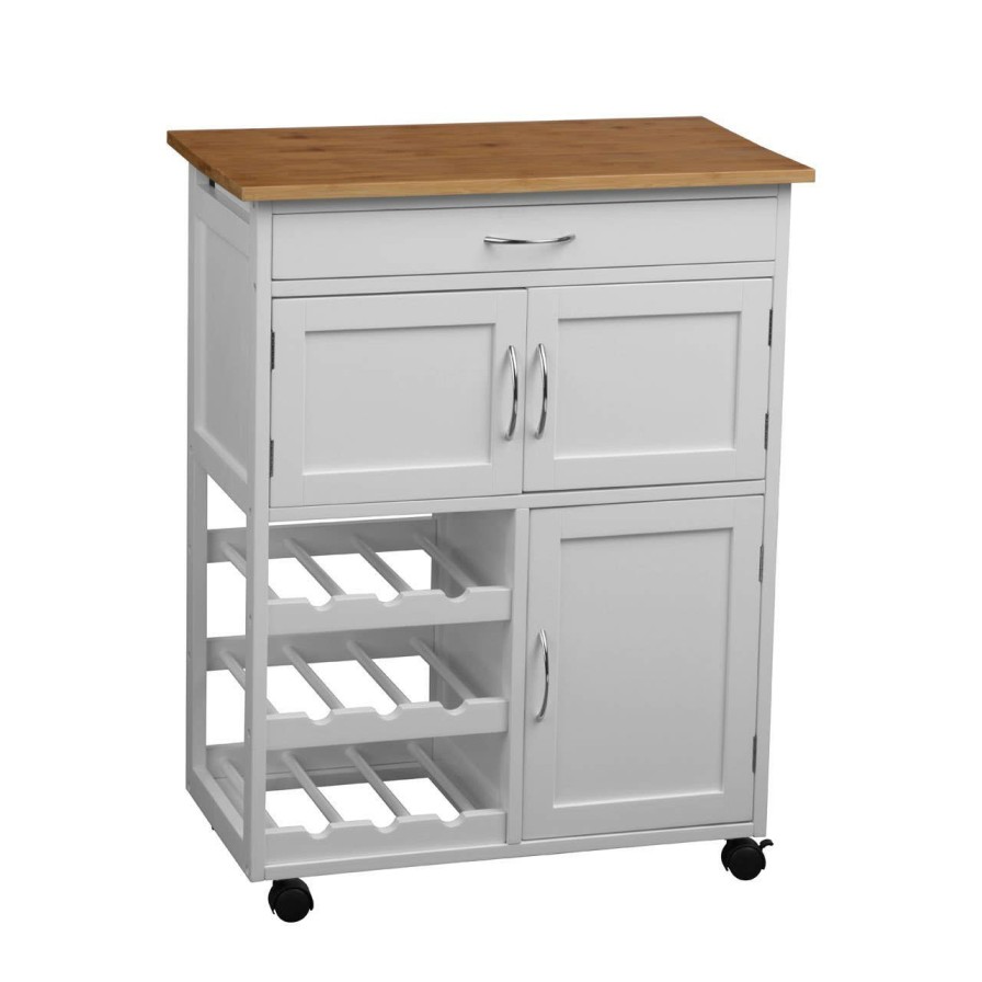 FURNITURE Premier Bar Carts and Trolleys | White And Bamboo Top Kitchen Trolley