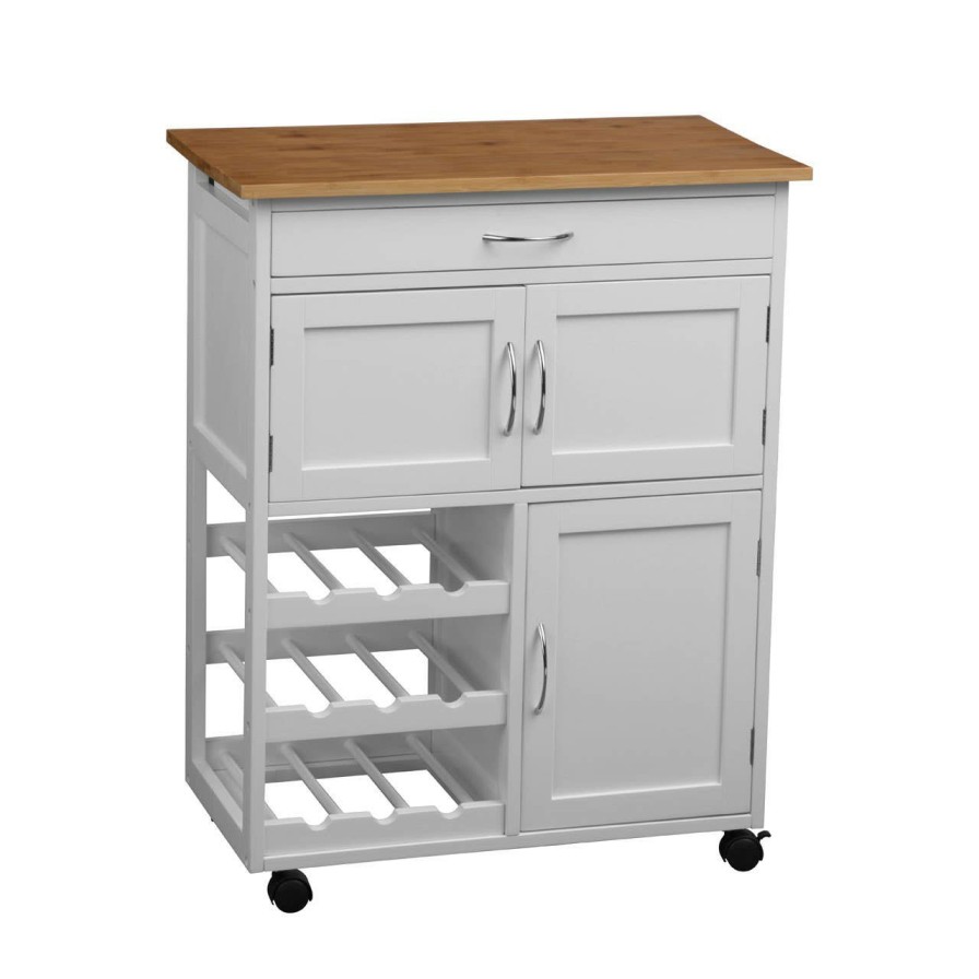 FURNITURE Premier Bar Carts and Trolleys | White And Bamboo Top Kitchen Trolley