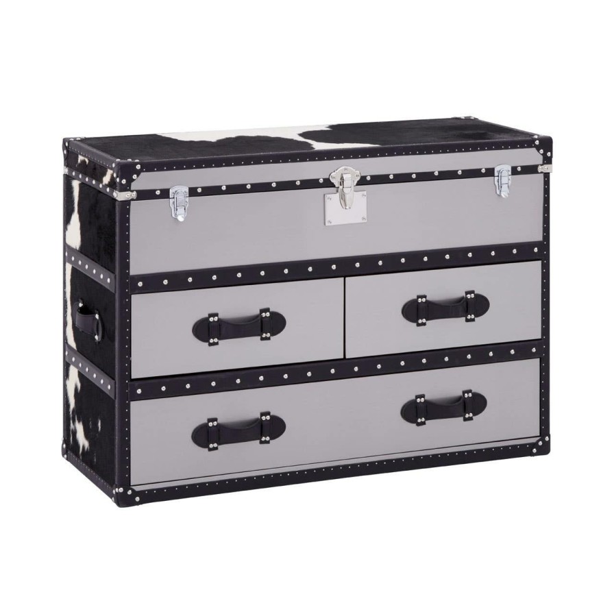 FURNITURE Fifty Five South Storage | Black And White Genuine Cowhide 3 Drawer Cabinet