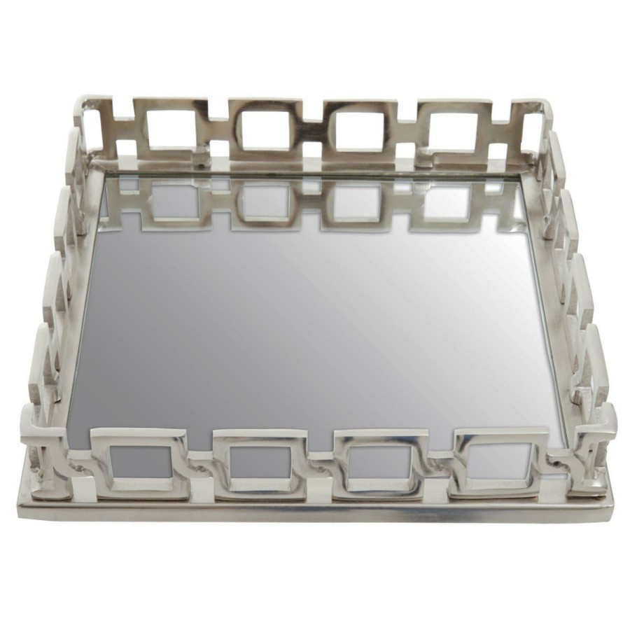 Accessories Fifty Five South Trays and Coasters | Rhoda Square Nickle Finish Mirror Tray