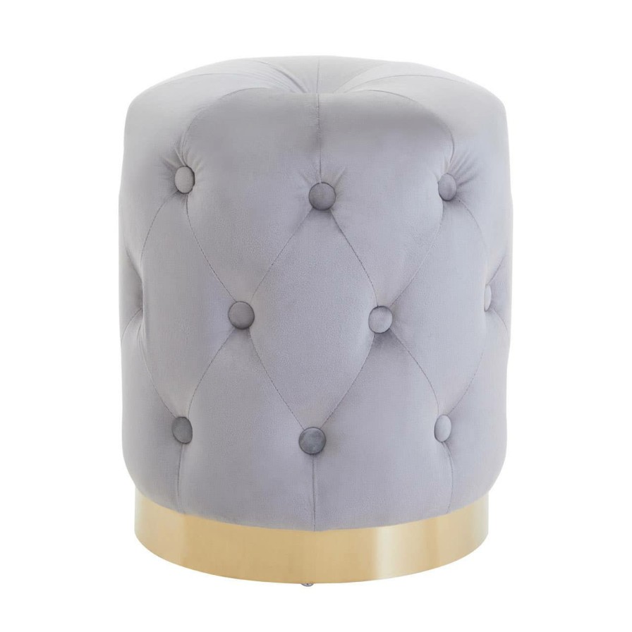 FURNITURE Premier Stools | Loretta Grey Velvet Button Tufted Stool