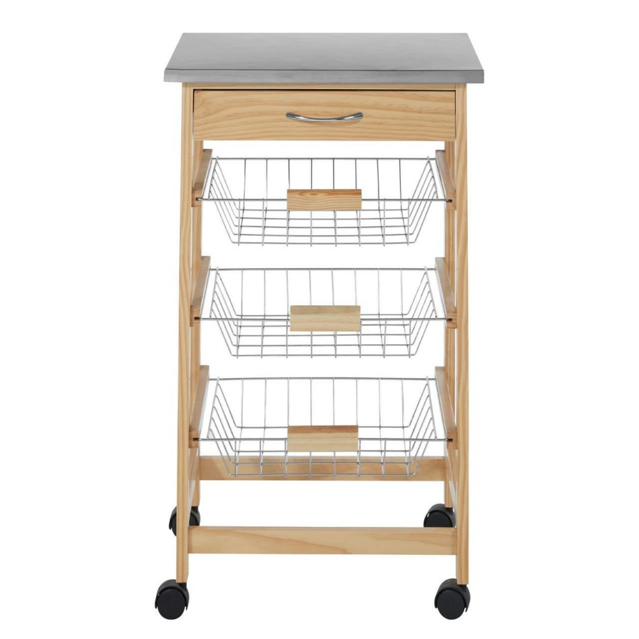 FURNITURE Premier Bar Carts and Trolleys | Glenn 3 Wire Baskets Pinewood Kitchen Trolley