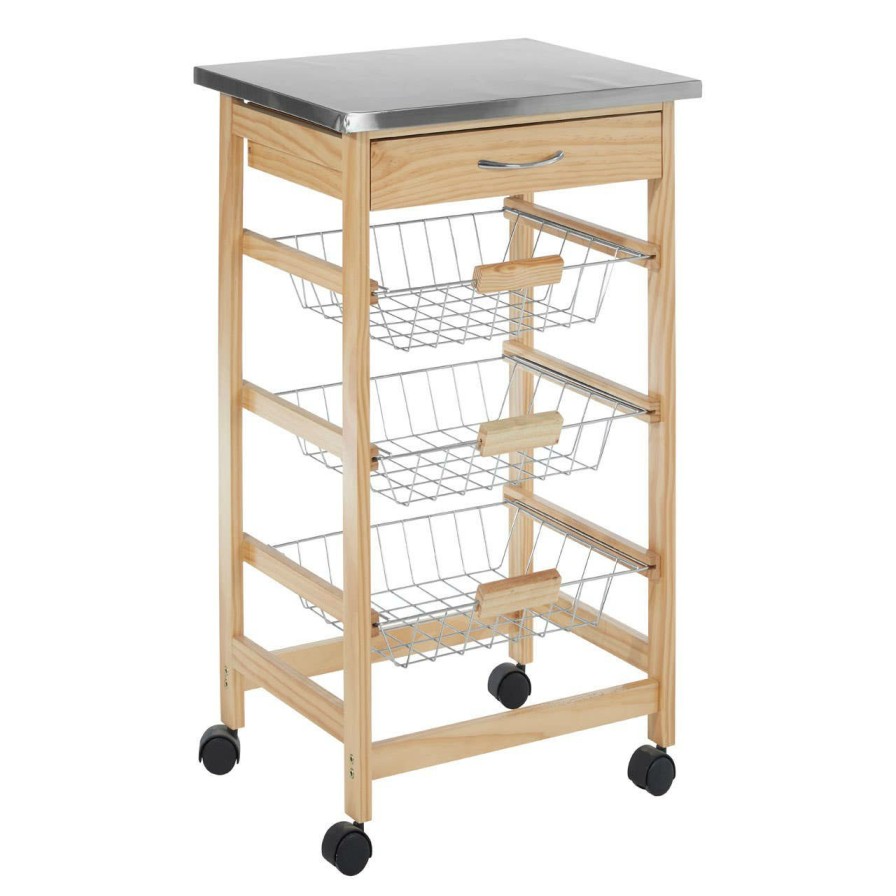 FURNITURE Premier Bar Carts and Trolleys | Glenn 3 Wire Baskets Pinewood Kitchen Trolley