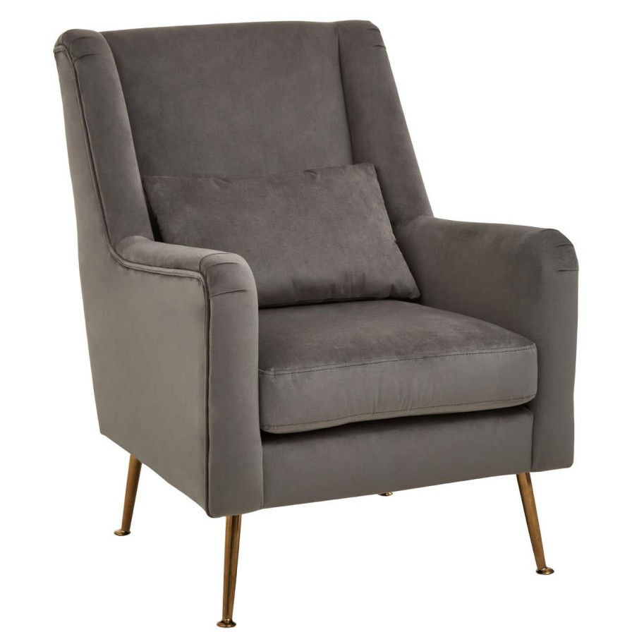 FURNITURE Fifty Five South Armchairs | Doucet Grey Velvet Chair With Gold Finish Legs