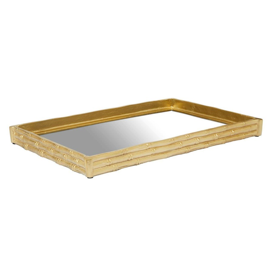 Accessories Fifty Five South Trays and Coasters | Hiba Gold Finish Bamboo Effect Mirrored Tray