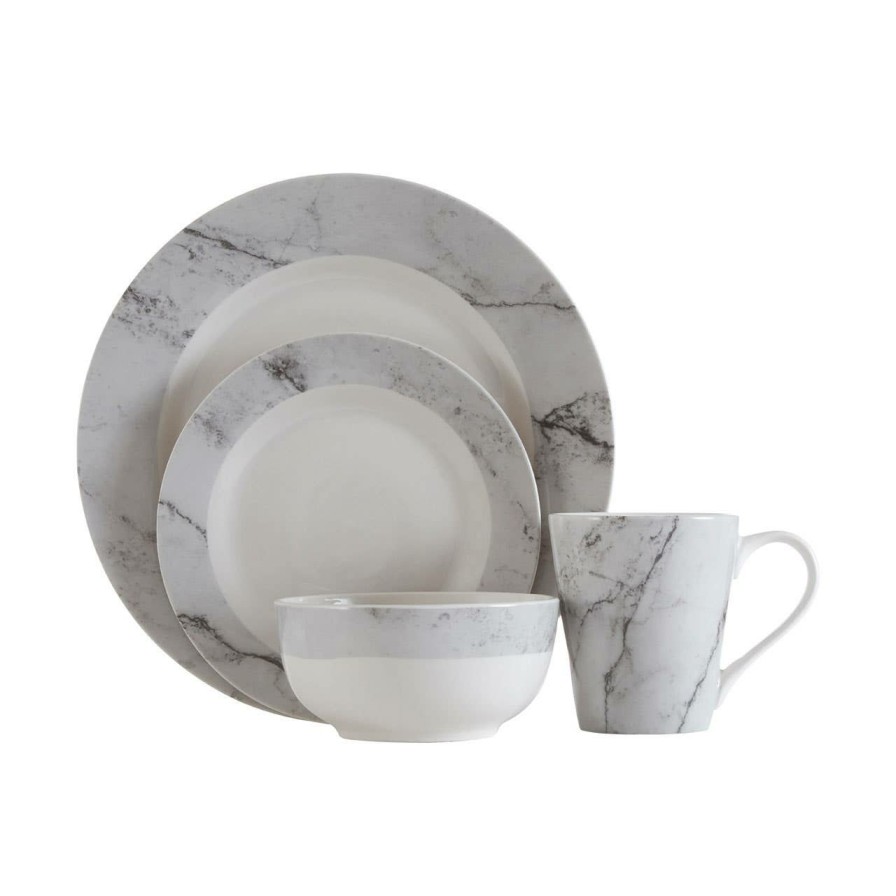 Kitchen and Dining Premier Dinner Sets | 16 Pc White And Grey Marble Effect Dinner Set