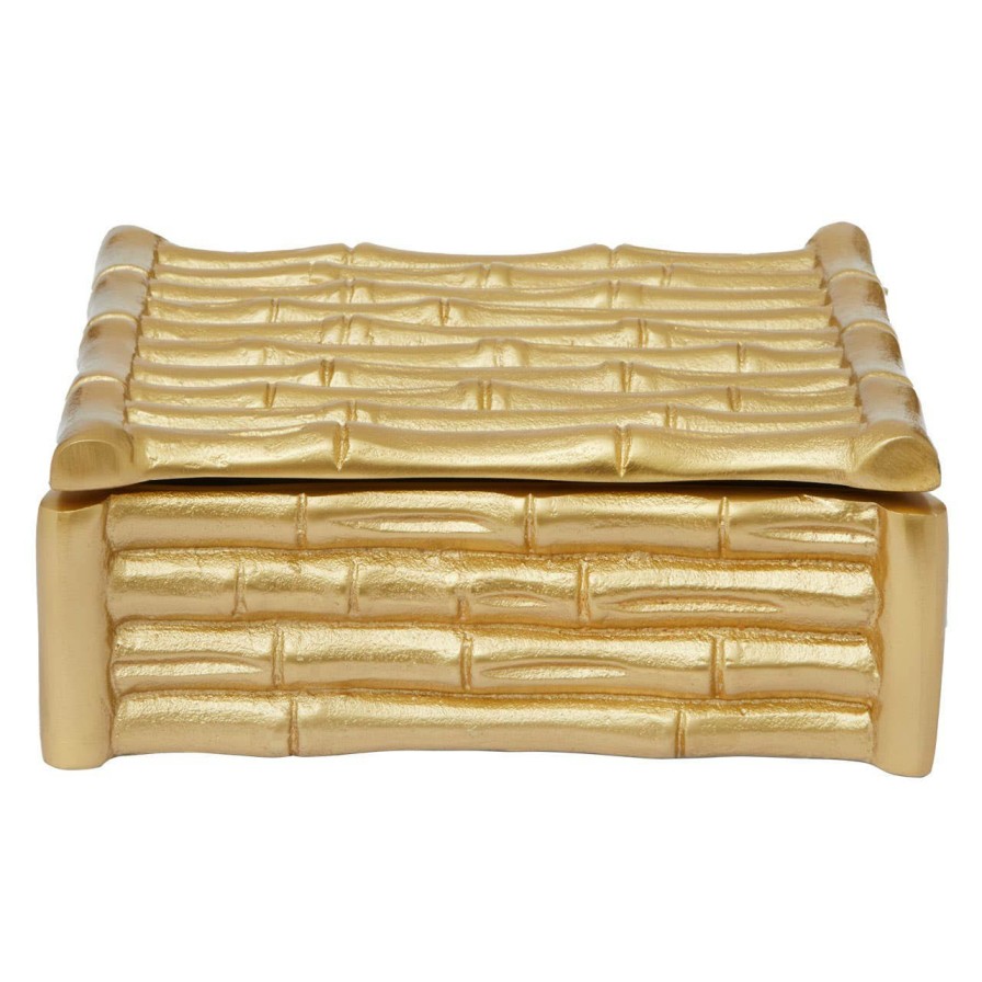 Accessories Fifty Five South Trinket Boxes and Dishes | Hiba Small Gold Finish Bamboo Effect Trinket Box