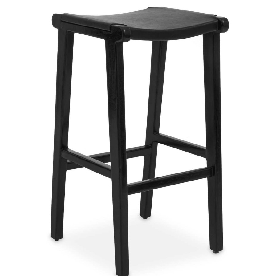 FURNITURE Fifty Five South Stools | Kendari Black Leather And Teak Stool