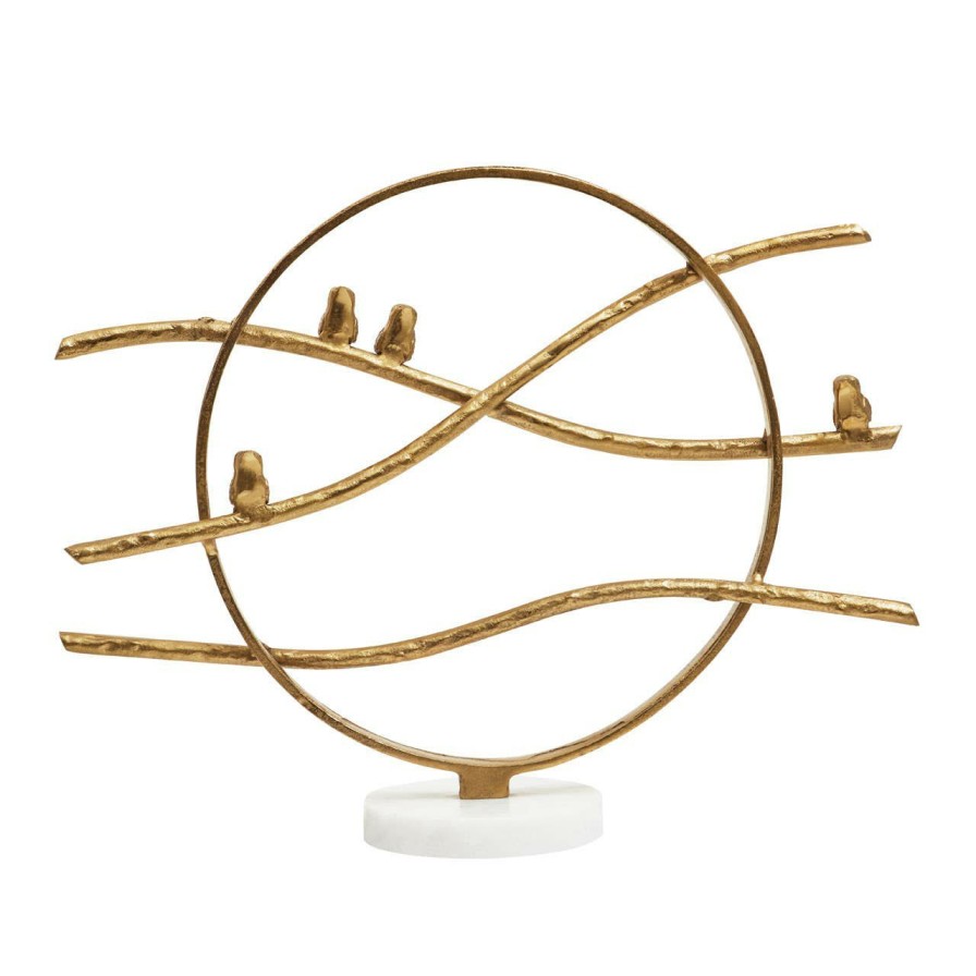 Accessories Fifty Five South Sculptures and Ornaments | Evra Gold Hoop Bird Sculpture On White Marble Base