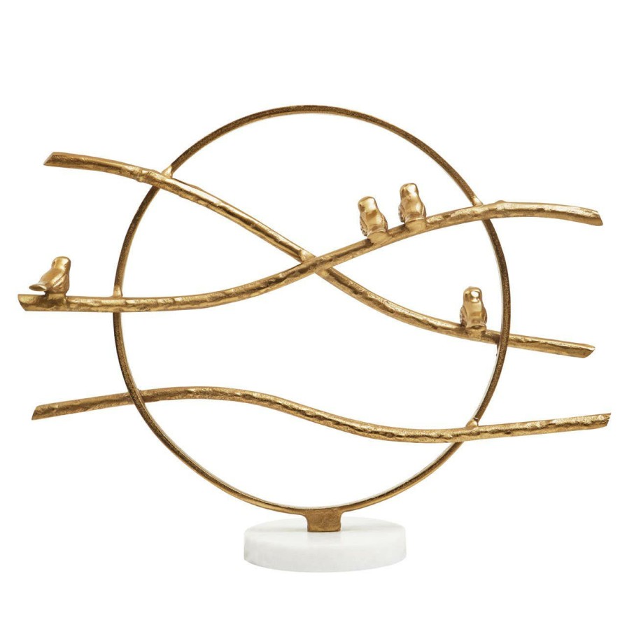 Accessories Fifty Five South Sculptures and Ornaments | Evra Gold Hoop Bird Sculpture On White Marble Base