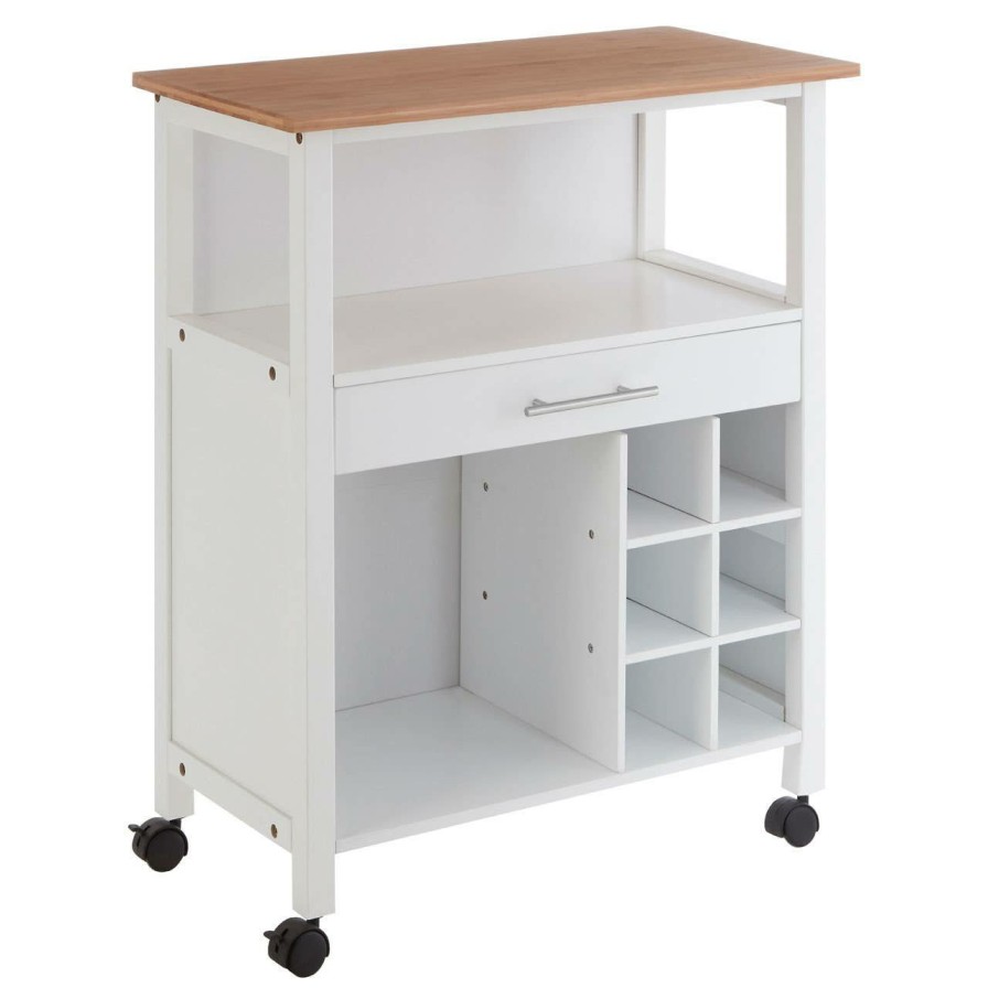 FURNITURE Premier Bar Carts and Trolleys | White And Bamboo Top 1 Drawer Kitchen Trolley