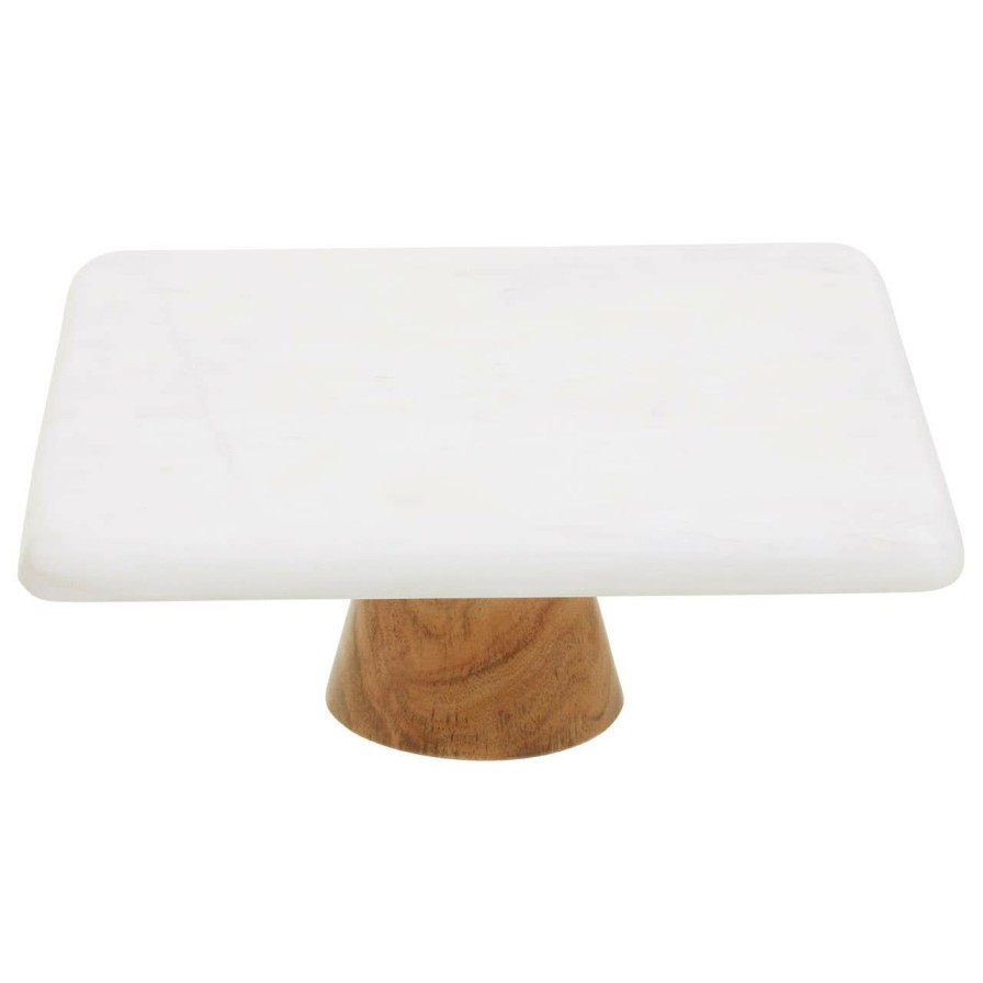 Kitchen and Dining Premier Serveware | White Marble And Acacia Wood Cake Stand