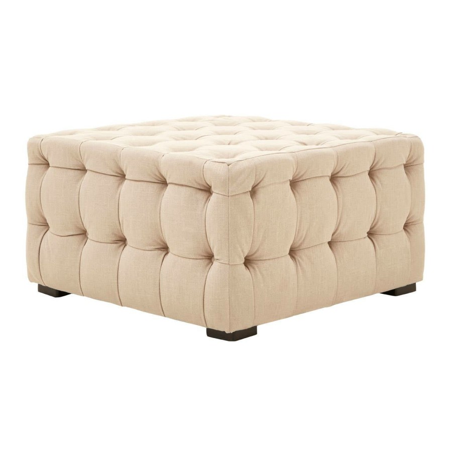 FURNITURE Fifty Five South Footstools | Stella Beige Linen Button Tufted Footstool