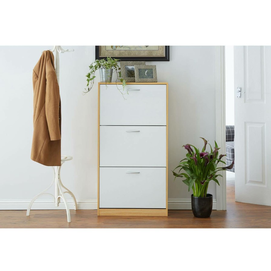 Bathe and Utility Premier Shoe Accessories and Storage | White And Oak Veneer 3 Drawer Shoe Cupboard