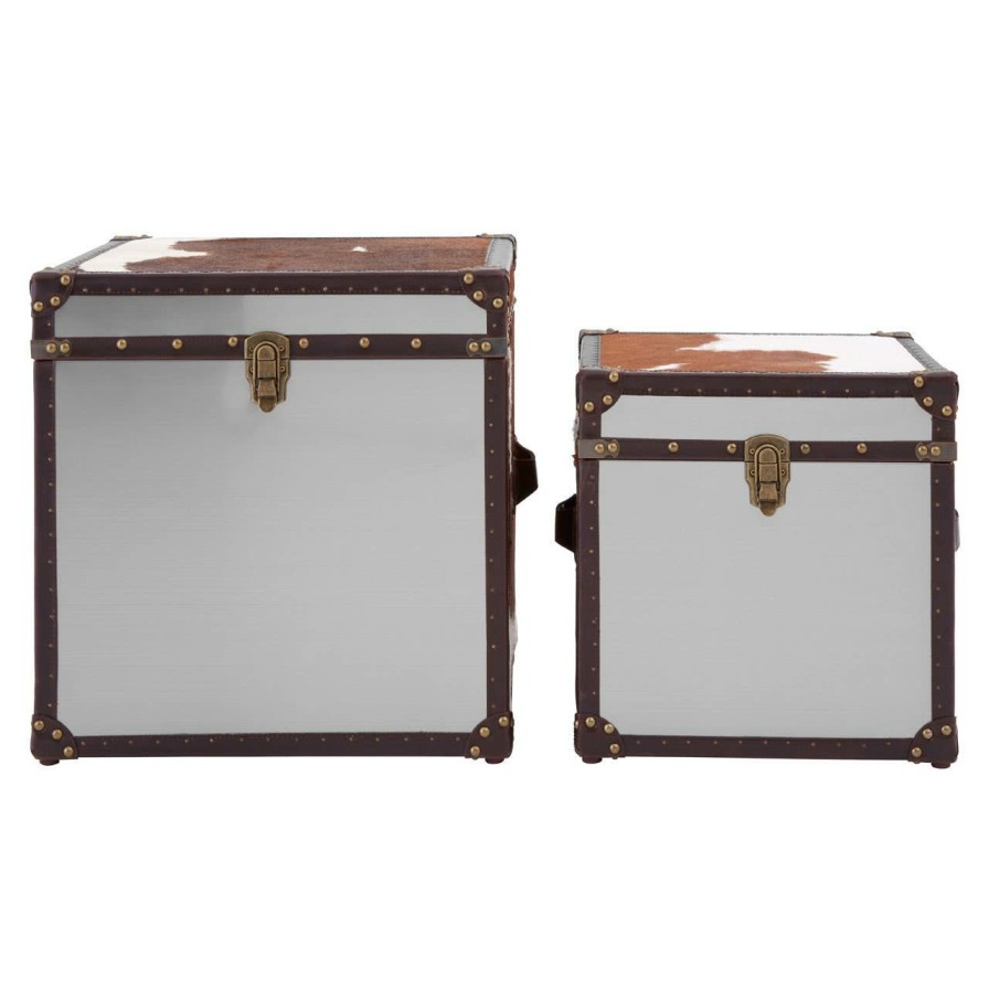 FURNITURE Fifty Five South Trunks | Brown And White Genuine Cowhide Storage Trunk Set