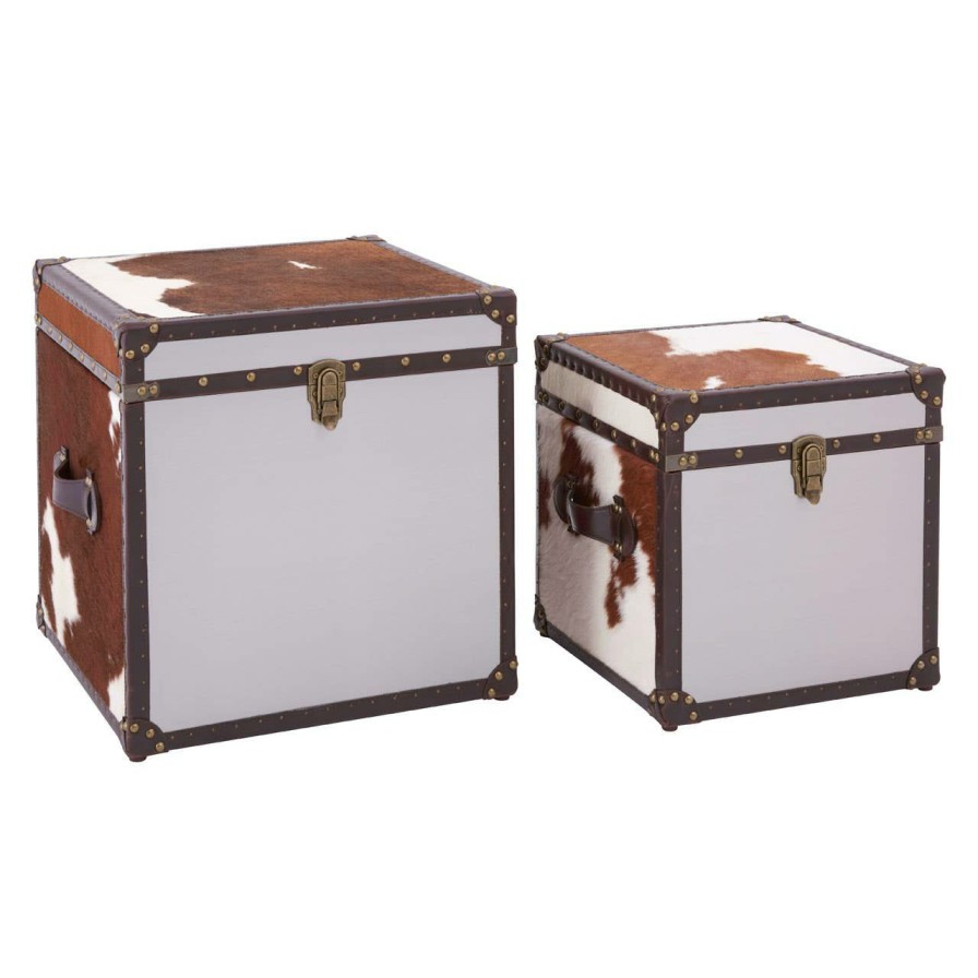 FURNITURE Fifty Five South Trunks | Brown And White Genuine Cowhide Storage Trunk Set